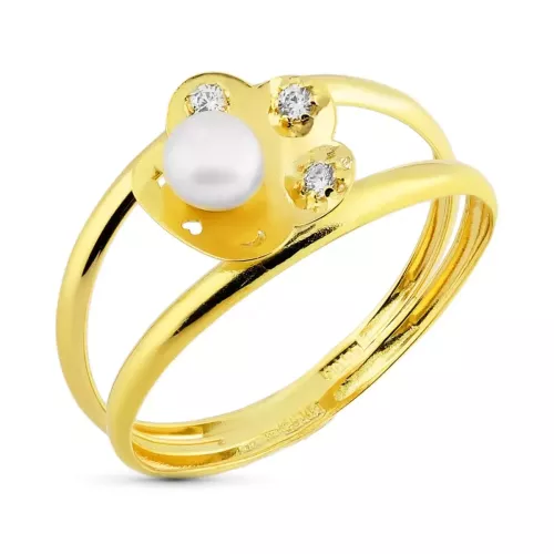 18K SORTIJA ORO BICOLOR DOBLE CUERPO FLOR CON PERLA 4 MM Y CIRCONITAS. ANCHO: 9 MM 1