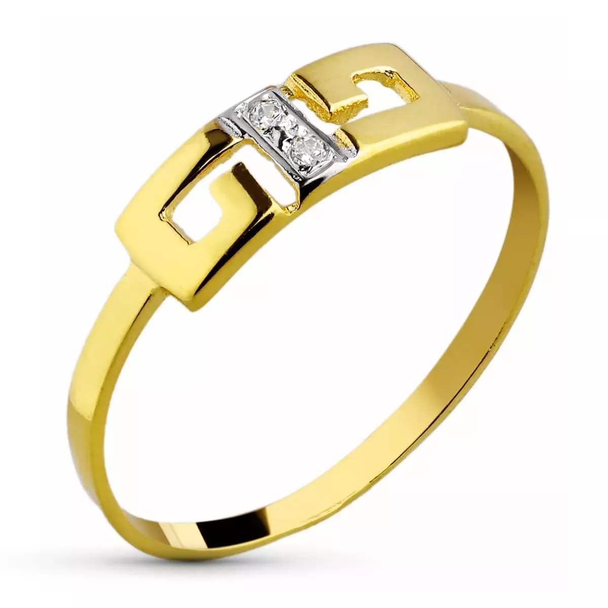 18K SORTIJA ORO BICOLOR CON MOTIVO CALADO GRECA Y CIRCONITAS. ANCHO: 4