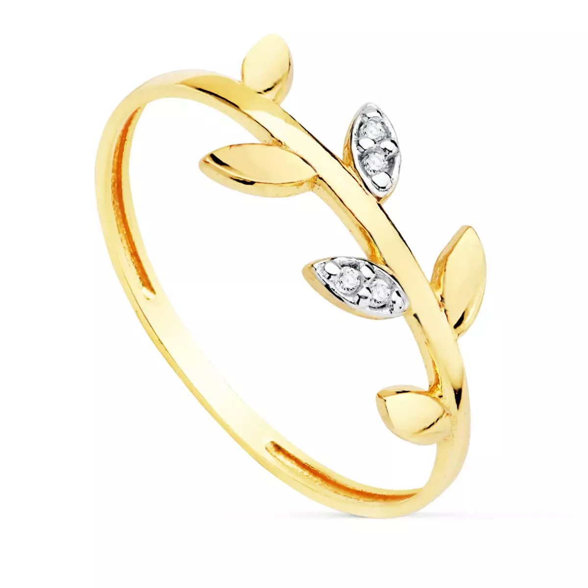 18K SORTIJA ORO BICOLOR CON LATERALES DE HOJITAS LISAS Y CIRCONITAS 1
