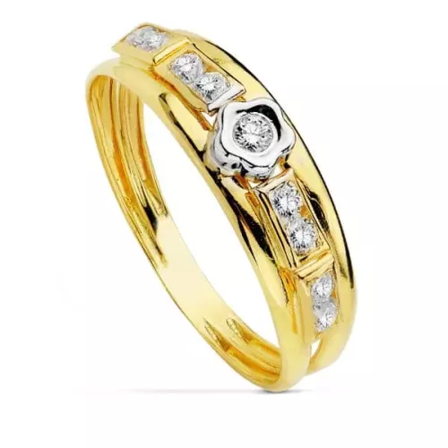 18K SORTIJA ORO BICOLOR CON FLOR Y CIRCONITAS. ANCHO: 5 MM 1