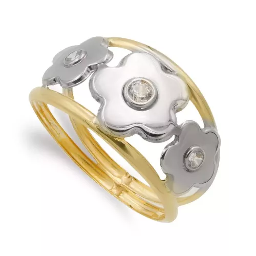 18K SORTIJA ORO BICOLOR DOBLE CUERPO CON FLORES Y CIRCONITAS. ANCHO: 9