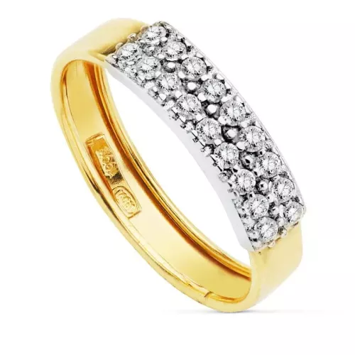 18K SORTIJA ORO BICOLOR BARRA DOBLE FILA DE CIRCONITAS. ANCHO: 4