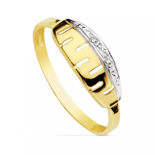 18K SORTIJA ORO BICOLOR CON MOTIVO CALADO GRECA Y CIRCONITAS. ANCHO: 6 MM 1