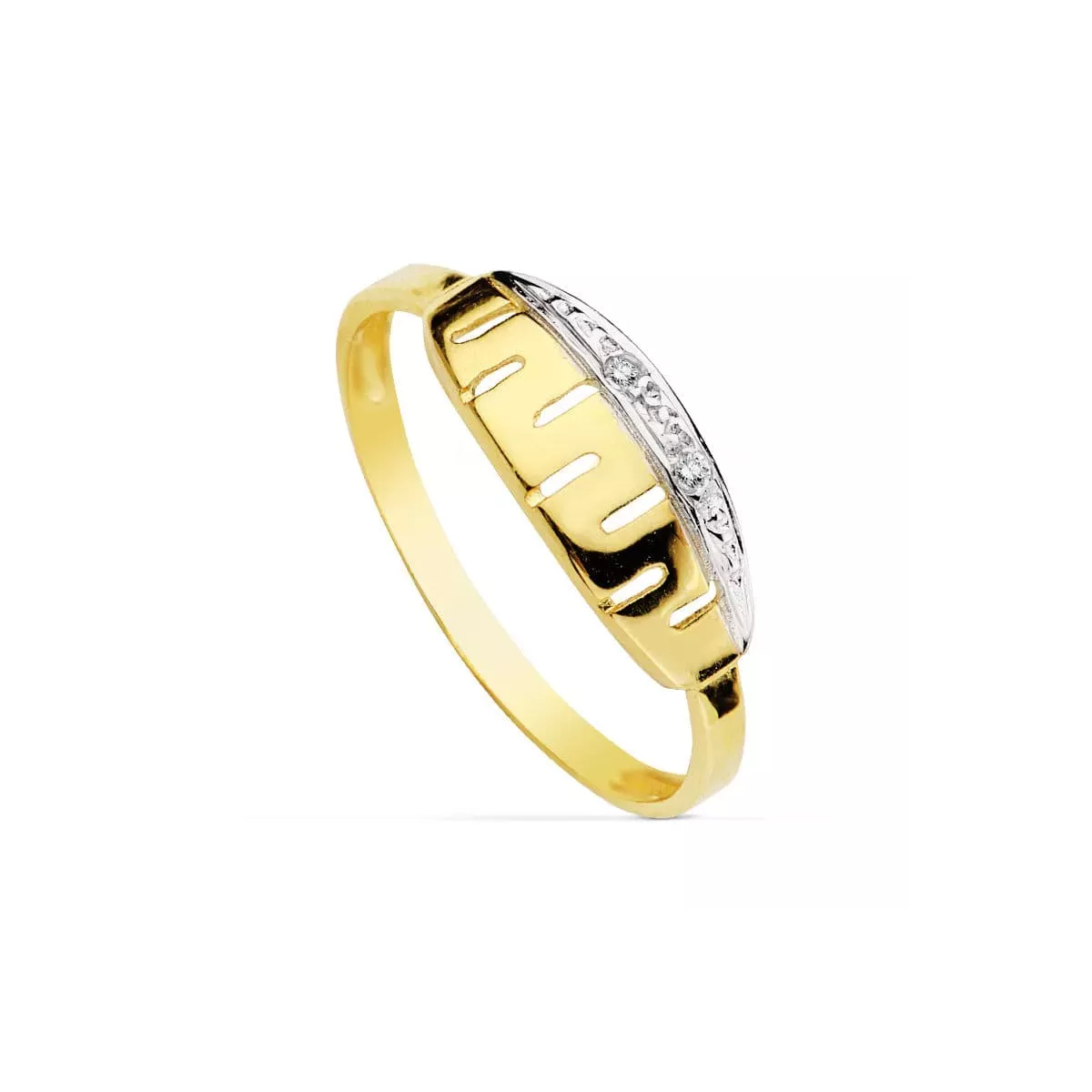 18K SORTIJA ORO BICOLOR CON MOTIVO CALADO GRECA Y CIRCONITAS. ANCHO: 6 MM 1