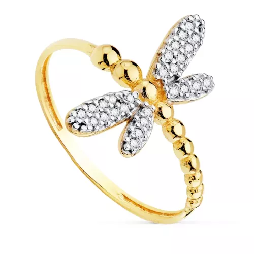 18K SORTIJA ORO BICOLOR CON LILIBELULA CUERPO DE BOLITAS Y ALAS DE CIRCONITAS. ANCHO: 17 MM 1