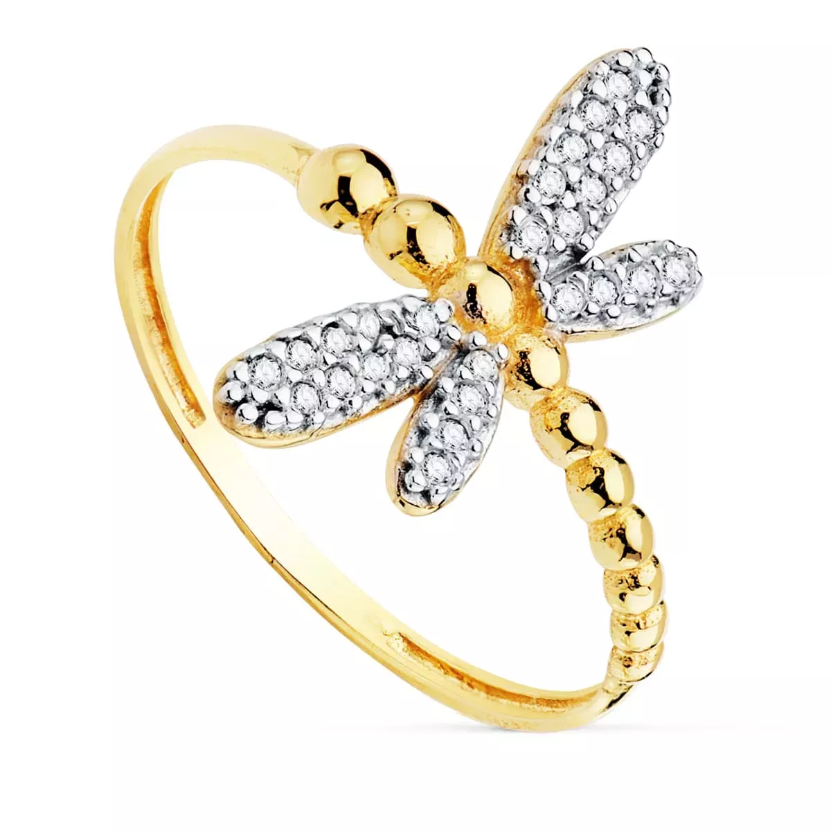 18K SORTIJA ORO BICOLOR CON LILIBELULA CUERPO DE BOLITAS Y ALAS DE CIRCONITAS. ANCHO: 17 MM 1