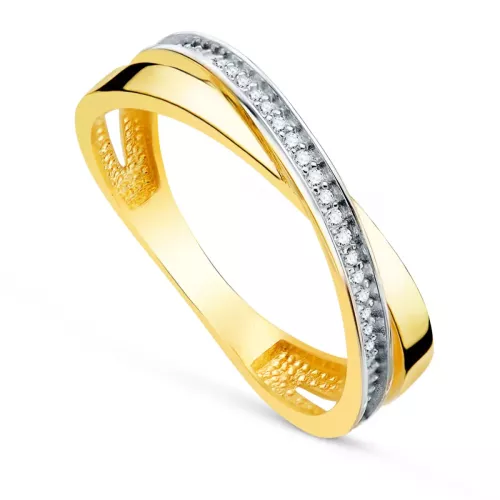 18K SORTIJA ORO BICOLOR BANDA CRUZADA CON CIRCONITAS. ANCHO: 4MM 2