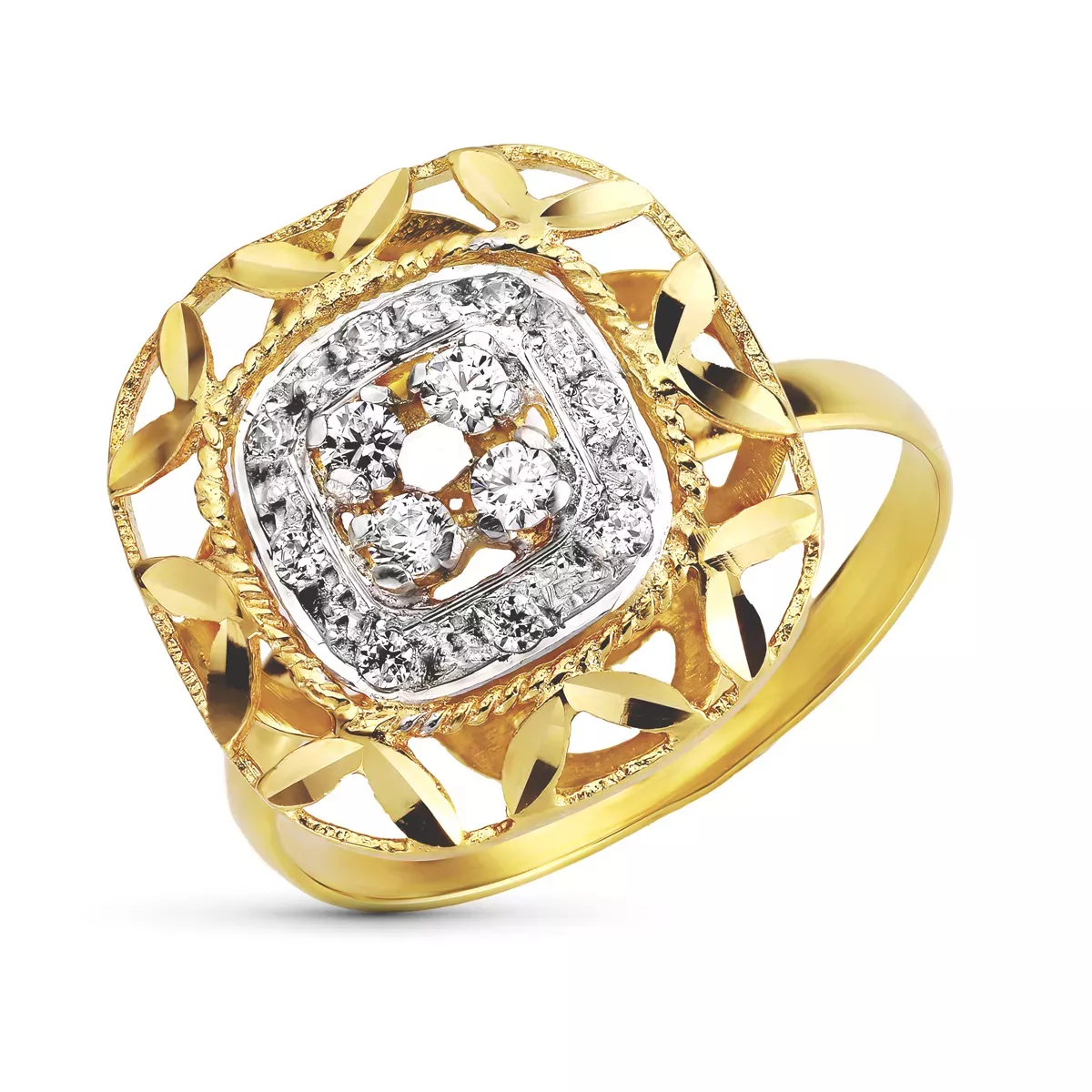 18K SORTIJA ORO BICOLOR CUADRADA CALADA CON HOJAS TALLADAS Y CIRCONITAS. ANCHO: 16 MM 3