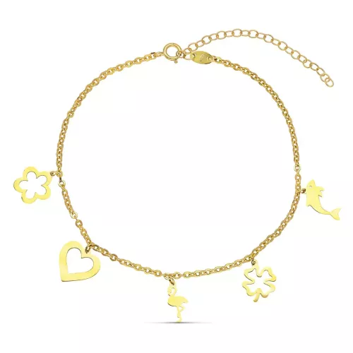 9K PULSERA TOBILLERA ORO AMARILLO DELFIN TREBOL FLAMENCO CORAZÓN FLOR CADENA 20-4 CM 1