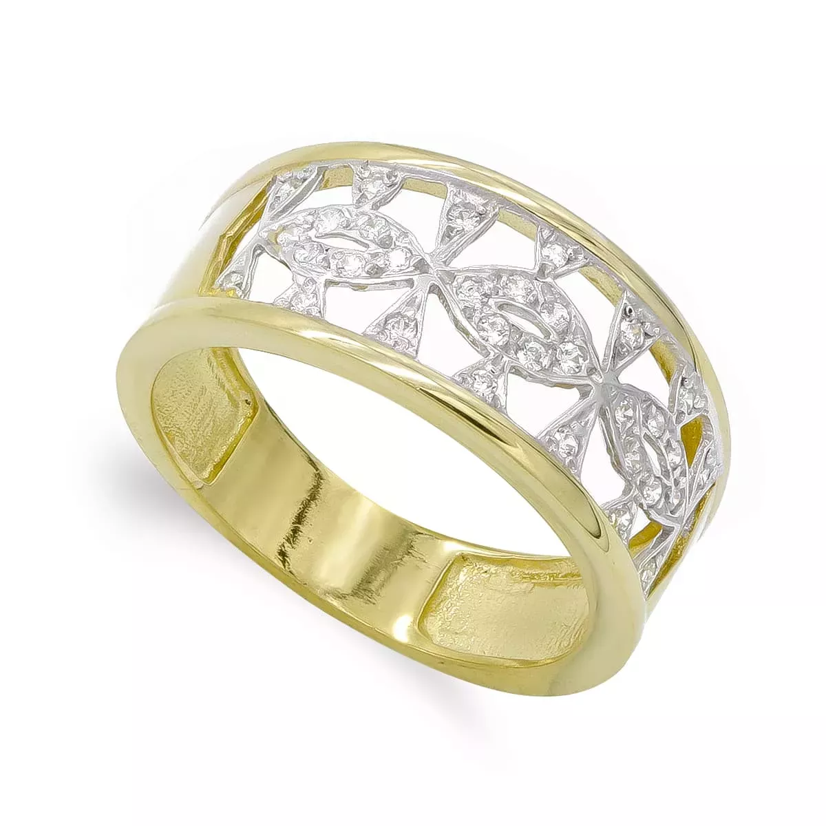 18K SORTIJA ORO BICOLOR CON BORDES LISOS Y CENTRO CALADA DE CIRCONITAS. ANCHO: 9