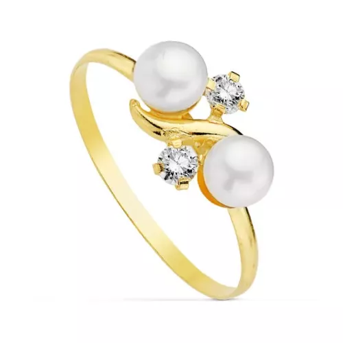 18K SORTIJA ORO AMARILO CON DOS PERLAS Y CIRCONITAS. 0