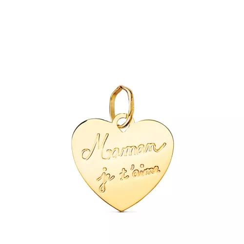 9K COLGANTE ORO AMARILLO CORAZON EN BRILLO MAMAN JE T AIME. 14X14MM 0