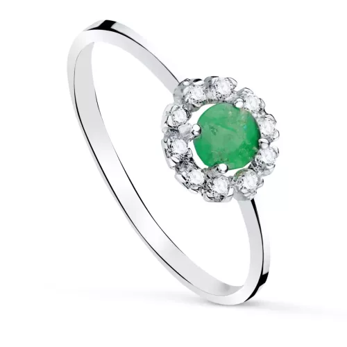 18K SORTIJA ORO BLANCO CON ESMERALDA 4MM Y 0,26 QTES Y CIRCONITAS. CUAJO 7 X 7 M 1,05gr