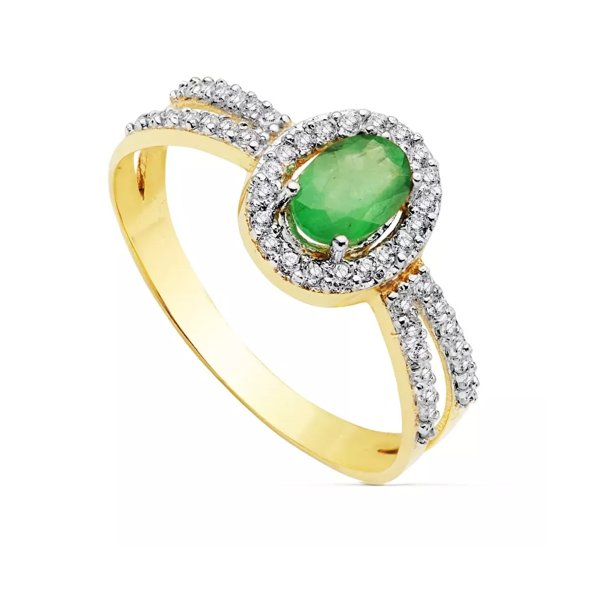18K SORTIJA ORO BICOLOR CON CIRCONITA Y ESMERALDA OVAL 6X4 MM 1