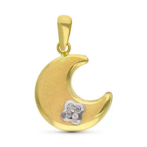 9K COLGANTE ORO BICOLOR LUNA CON TREBOL MINI DE CIRCONITAS 0