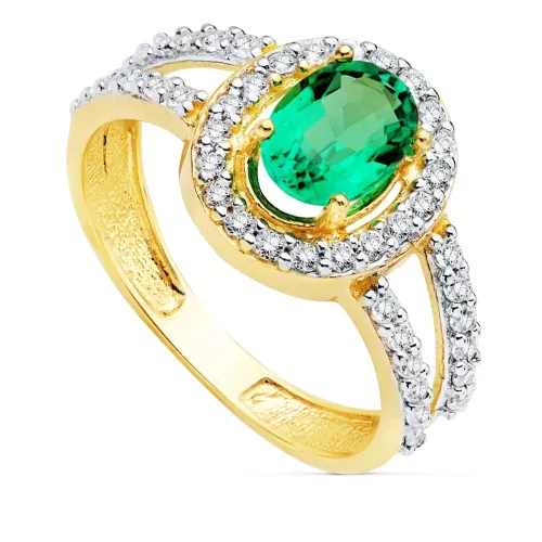 18K SORTIJA ORO BICOLOR CON CIRCONITA Y ESMERALDA 0.79 QTES DE 7X5 MM 2