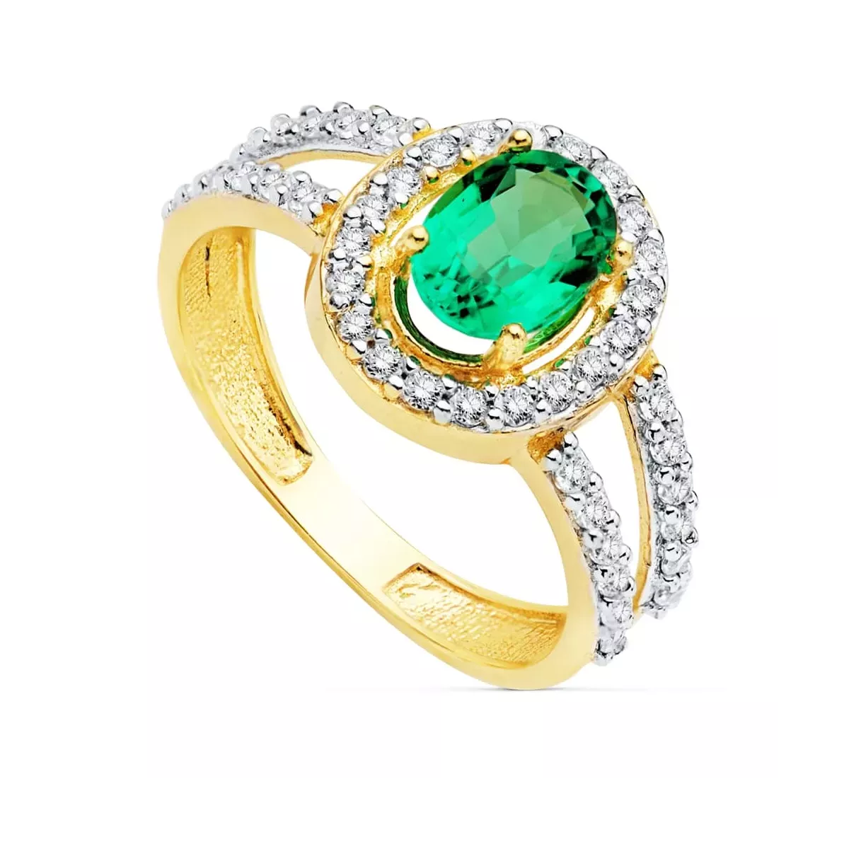 18K SORTIJA ORO BICOLOR CON CIRCONITA Y ESMERALDA 0.79 QTES DE 7X5 MM 2
