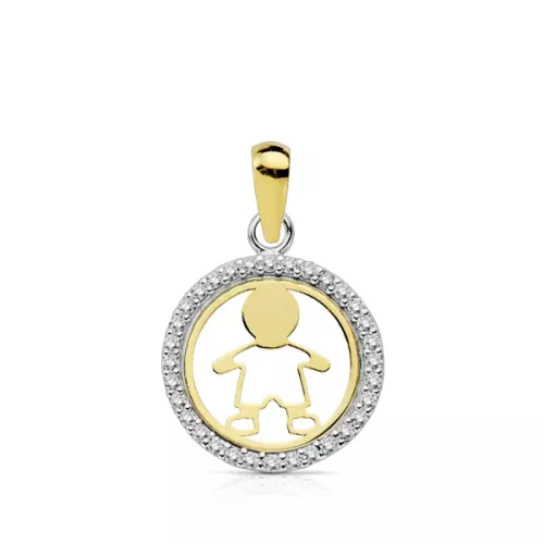 9K COLGANTE ORO BICOLOR REDONDO CERCO CON CIRCONITAS Y NIÑO CALADO. MEDIDA: 13MM 0