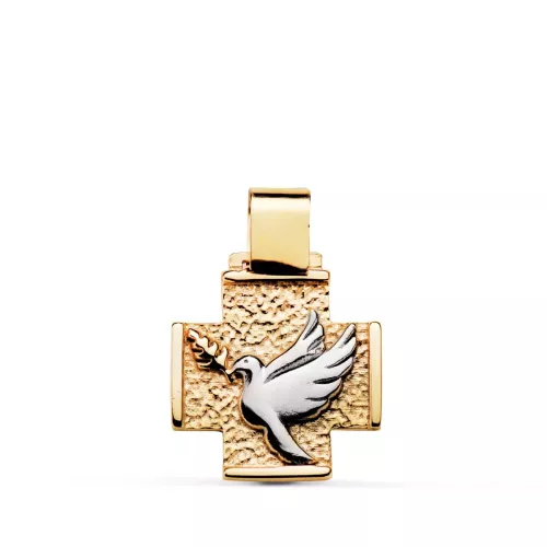 9K CRUZ ORO BICOLOR CON PALOMA Y FRASE "FRIEDE SEI MIT DIR" CON ESTRELLA. MEDIDA: 16X14 MM 1