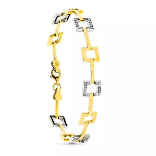 9K PULSERA ORO BICOLOR CUADRADOS CON CIRCONITA 19CM 6
