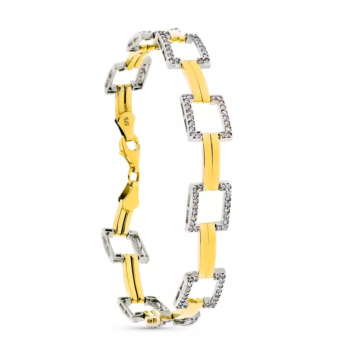 9K PULSERA ORO BICOLOR CUADRADOS Y CIRCONITA 19CM 7