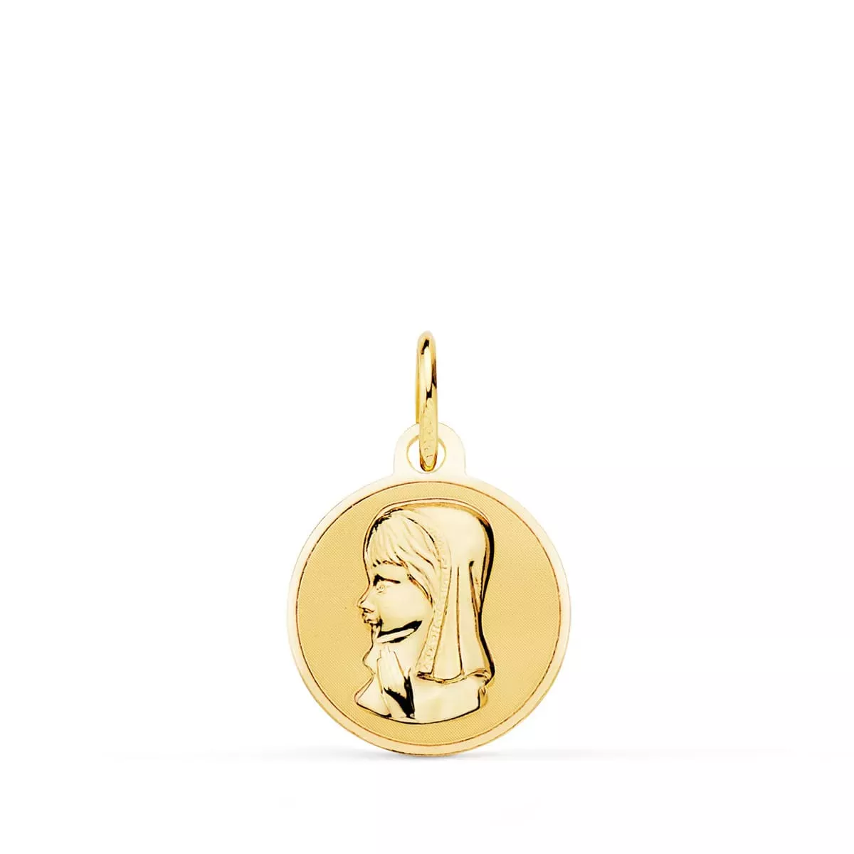 9K MEDALLA ORO AMARILLO VIRGEN NIÑA EN BRILLO 14 MM 0