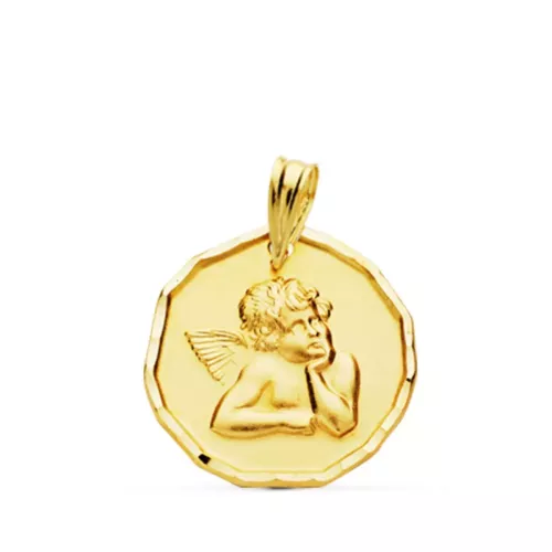 9K MEDALLA ORO AMARILLO ANGELITO BURLON MATE BORDES TALLADOS 18 MM 1