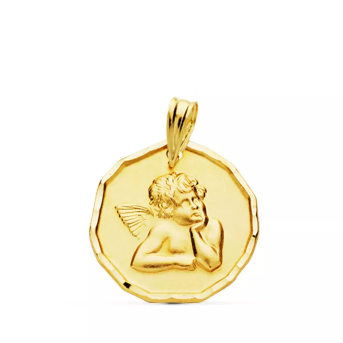 9K MEDALLA ORO AMARILLO ANGELITO BURLON MATE BORDES TALLADOS 18 MM 1