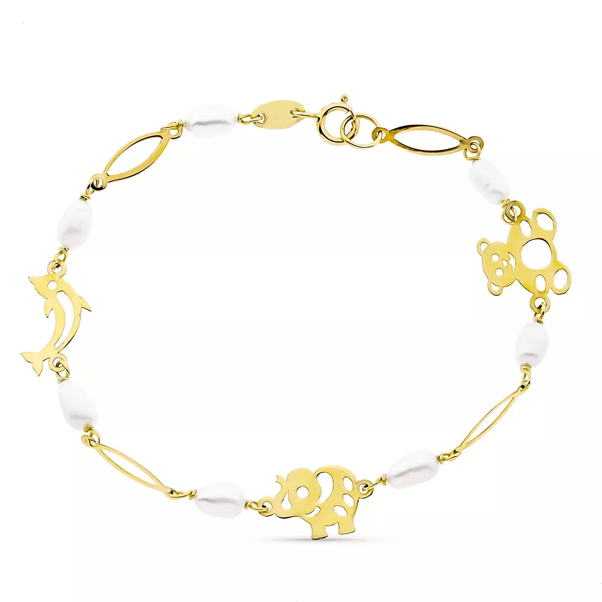 9K PULSERA ORO AMARILLO Y PERLA CON MOTIVOS ANIMALES 4.5 MM LARGO 16CM 1