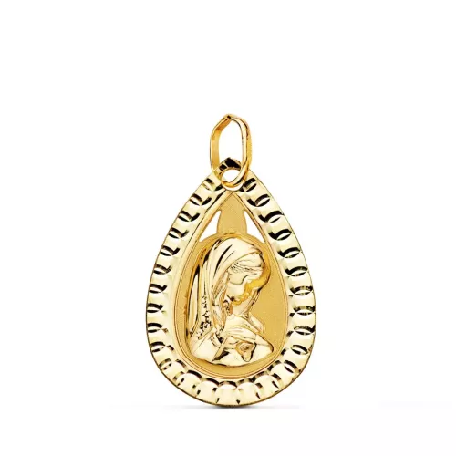 9K MEDALLA ORO AMARILLO GOTA CON VIRGEN NIÑA Y BORDE TALLADO 20X13 MM 1