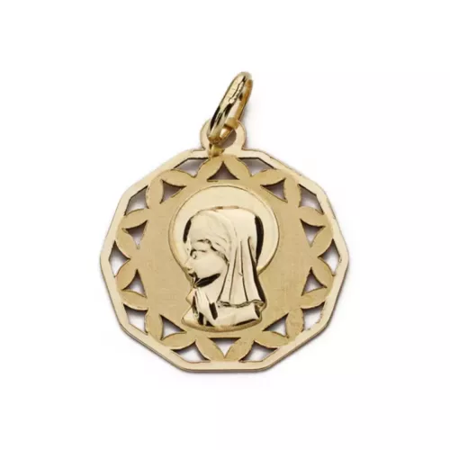 9K MEDALLA ORO AMARILLO VIRGEN NIÑA CALADA MATE Y BRILLO 17X17 MM 0