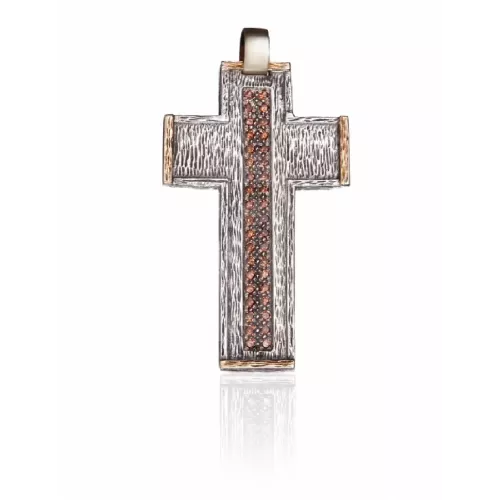 Colgante cruz de plata de ley 925 y 9ct con zirconias brown.