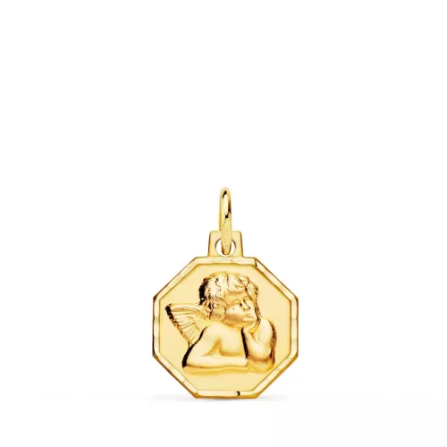 9K MEDALLA ORO AMARILLO OCTOGONAL ANGELITO BURLON TALLADA 13X13 MM 1