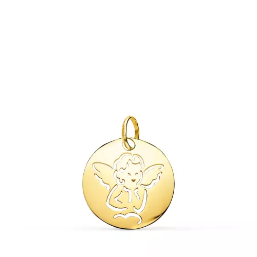 9K MEDALLA ORO AMARILLO ANGELITO ORO AMARILLO REDONDA CALADA TUMBO EN BRILLO 15 MM 0