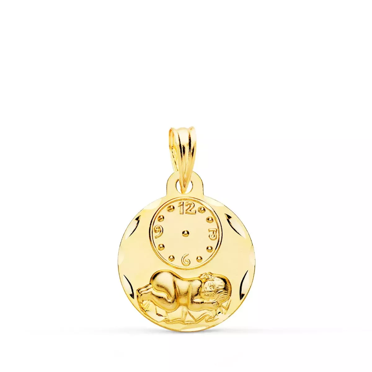 9k MEDALLA ORO AMARILLO REDONDA NIÑO DE LA HORA CON RELOJ TALLADA 15 MM 1