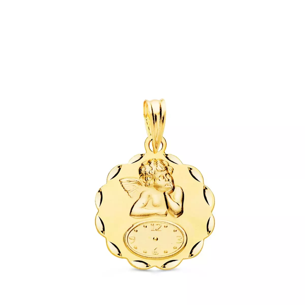 9K MEDALLA ORO AMARILLO REDONDA ANGELITO BURLON CON RELOJ TALLADA 16 MM 1