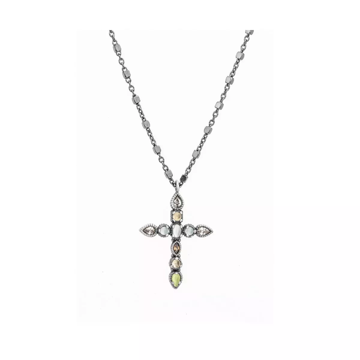 CR-70 COLGANTE PLATA CRUZ OJO DE GATO BLANCO, VERDE, CALCEDONIA VERDE, CITRINO Y CIRCONITA. - CR-70