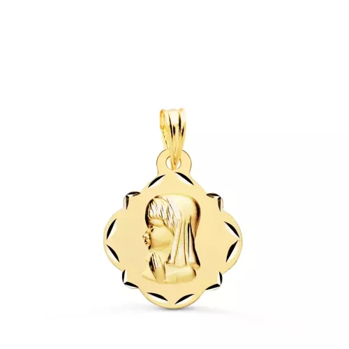 9K MEDALLA ORO AMARILLO VIRGEN NIÑA PERFIL PANDERETA TALLADA 19X16 MM 1