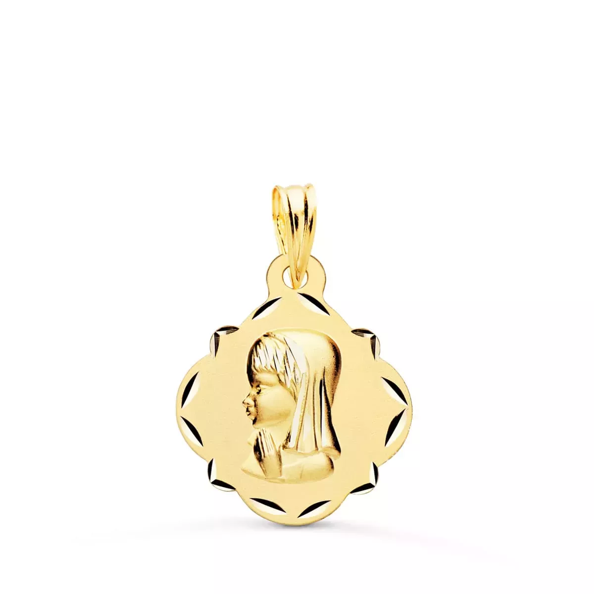 9K MEDALLA ORO AMARILLO VIRGEN NIÑA PERFIL PANDERETA TALLADA 19X16 MM 1