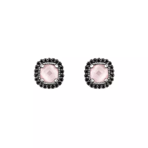 P600 PENDIENTES BOTON PLATA OJO DE GATO ROSA Y CIRCONITA BROWN. - P600