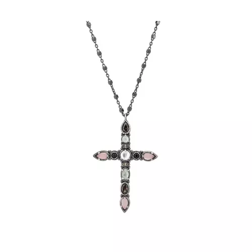 CR-6 COLGANTE PLATA CRUZ MEDIANA P.LUNA, CALCEDONIA VERDE, DOBLE CORAL Y CIRCONITA. - CR-6