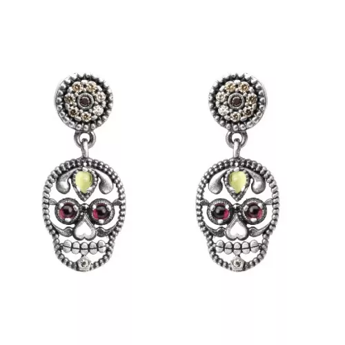 SKS173 PENDIENTES PLATA CALAVERA PEQUEÑA OJO DE GATO VERDE, GRANATE Y CIRCONITAS CAVA - SKS173