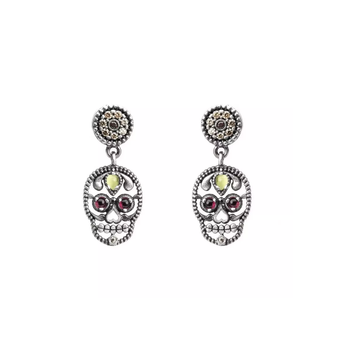 SKS173 PENDIENTES PLATA CALAVERA PEQUEÑA OJO DE GATO VERDE, GRANATE Y CIRCONITAS CAVA - SKS173