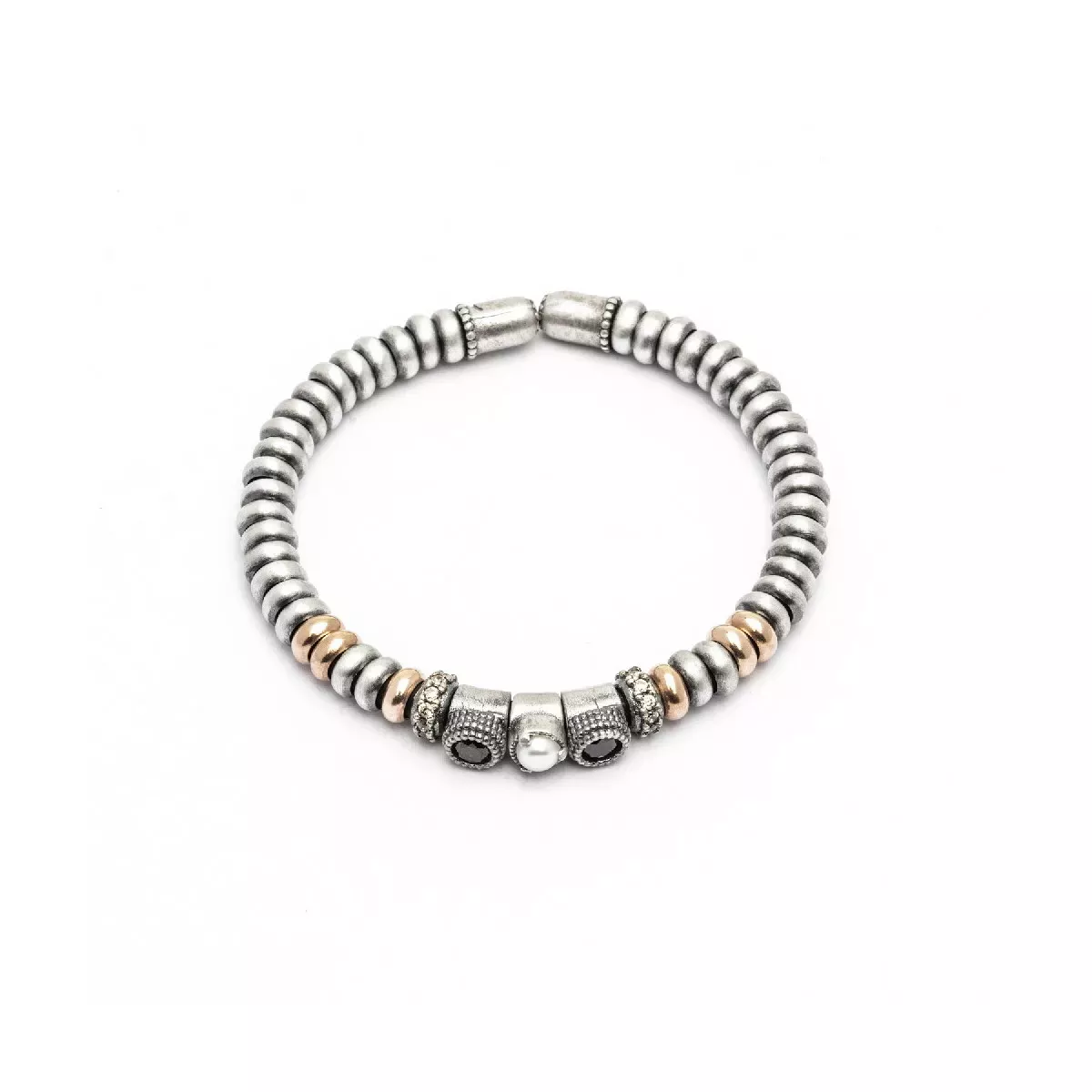 AN-69 PULSERA PLATA Y ORO ROSA, PERLA, CIRCONITA BROWN, ESPINELA