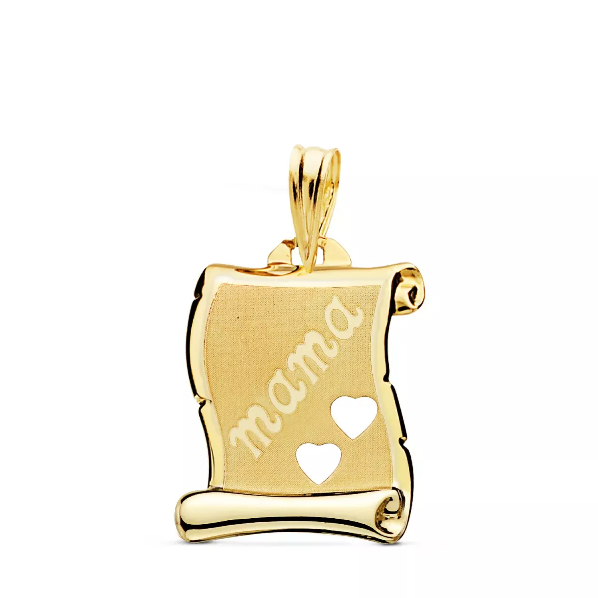 9K PLACA CHAPA COLGANTE PERGAMINO ORO AMARILLO BRILLO Y MATE MAMA CON CORAZONES CALADOS 18X14 MM 0
