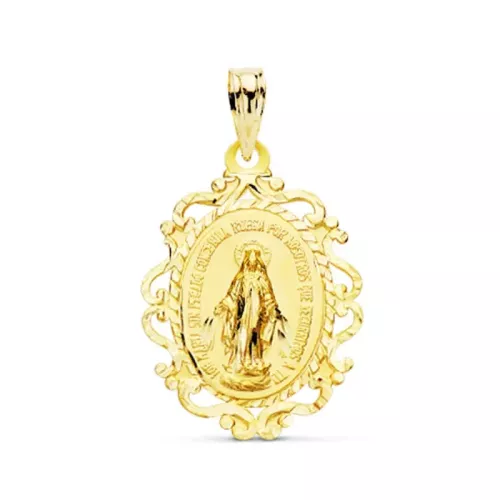 9K MEDALLA ORO AMARILLO VIRGEN DE LA MILAGROSA CERCO EN ESPAÑOL 23X16 MM 1.15GR 1