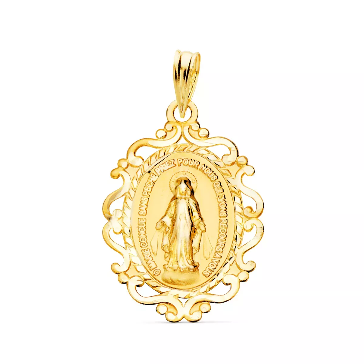 9K MEDALLA ORO AMARILLO VIRGEN DE LA MILAGROSA CERCO EN FRANCES 23X16 MM 1.15GR 1