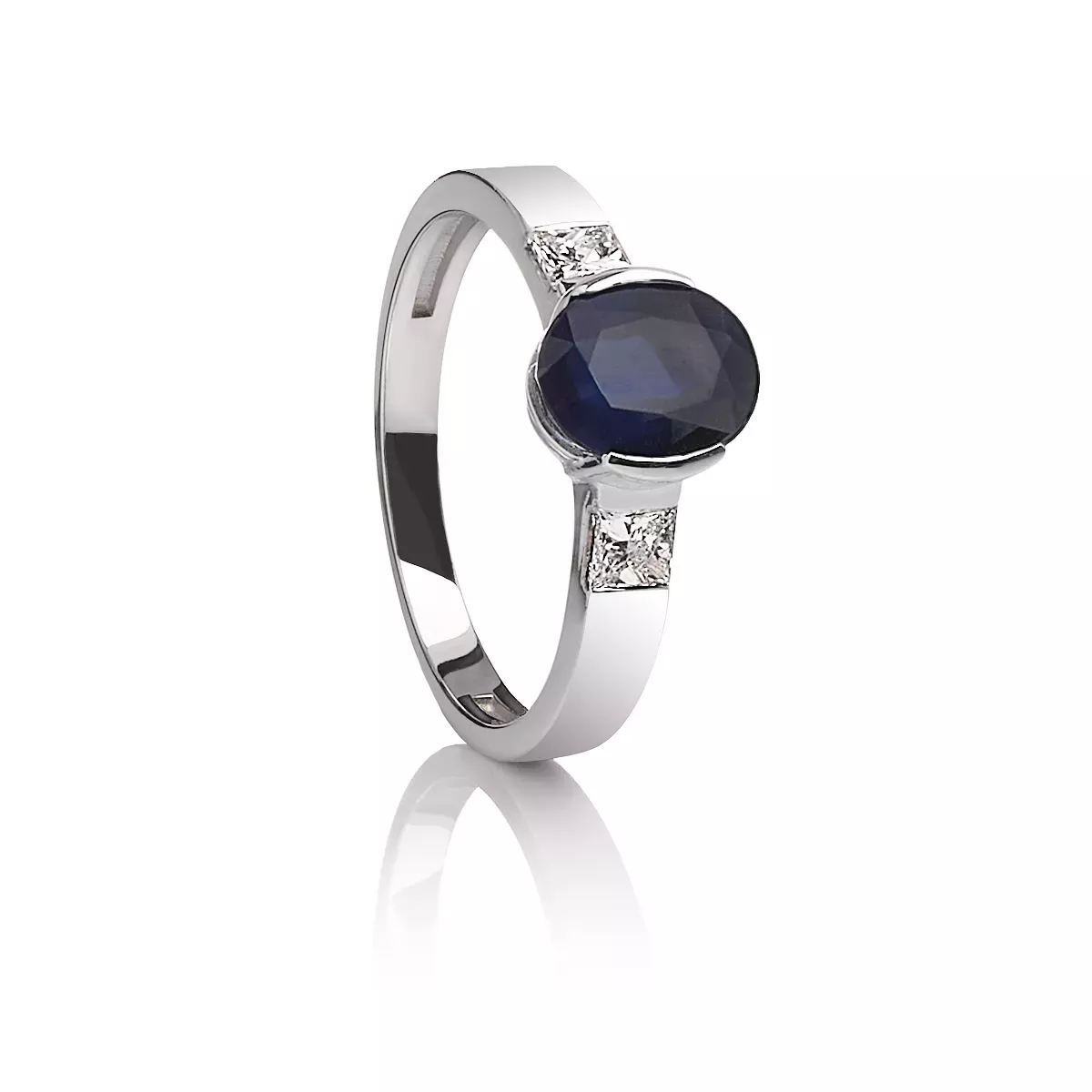 Sortija de oro blanco diamantes y zafiro azul natural