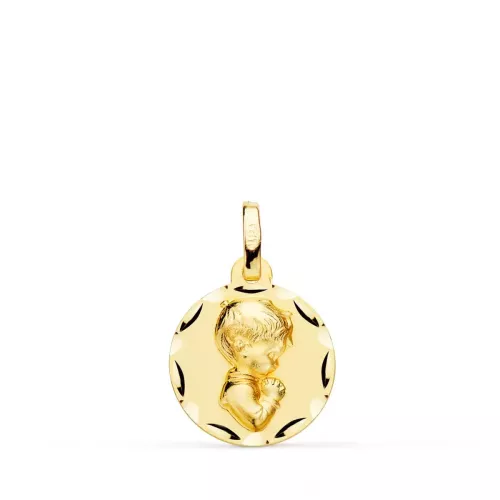 9K MEDALLA ORO AMARILLO NIÑO REZANDO TALLADO 14 MM 1,15gr
