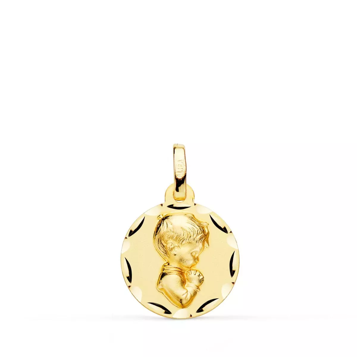 9K MEDALLA ORO AMARILLO NIÑO REZANDO TALLADO 14 MM 1
